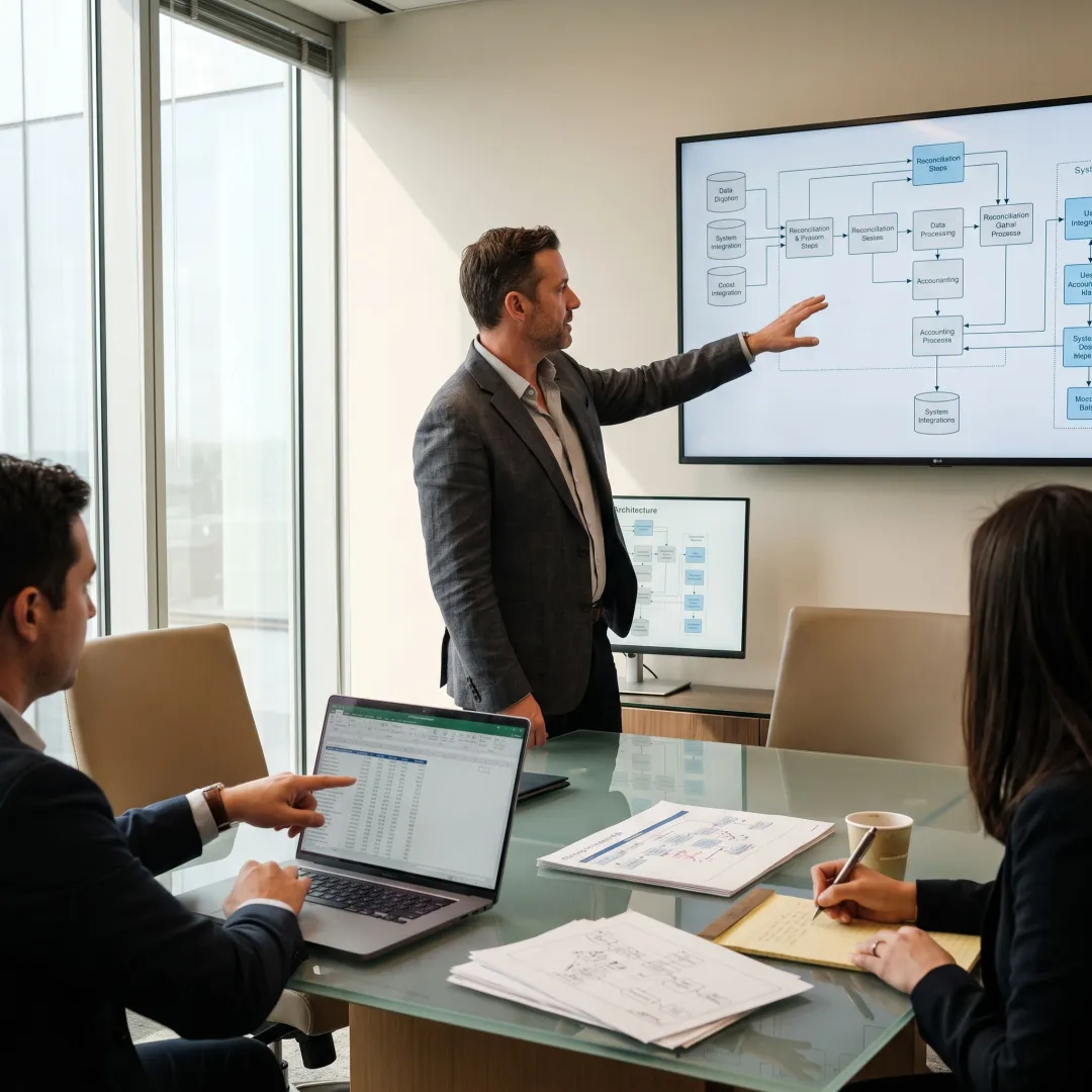 Consultant reviewing investment operations workflow