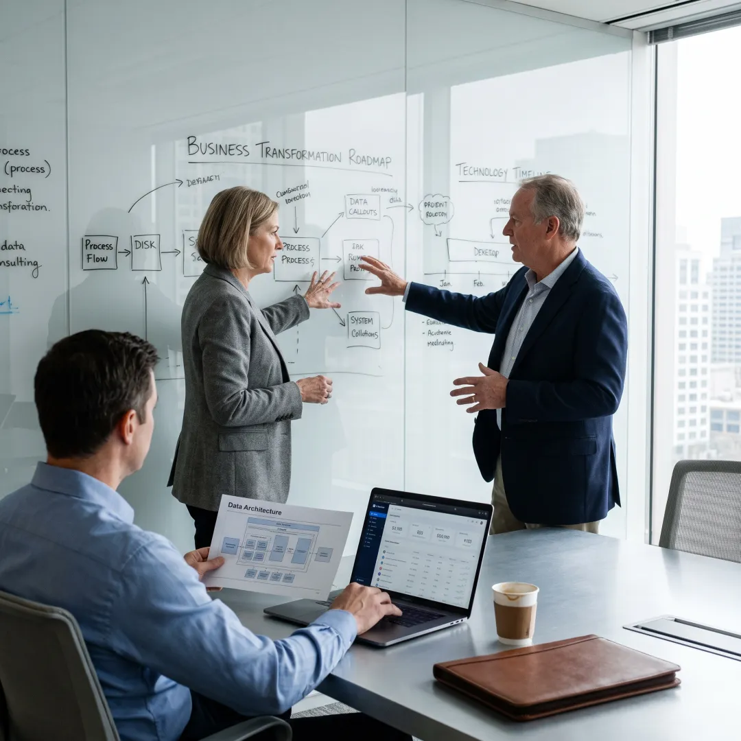 Consultants mapping a financial services transformation plan