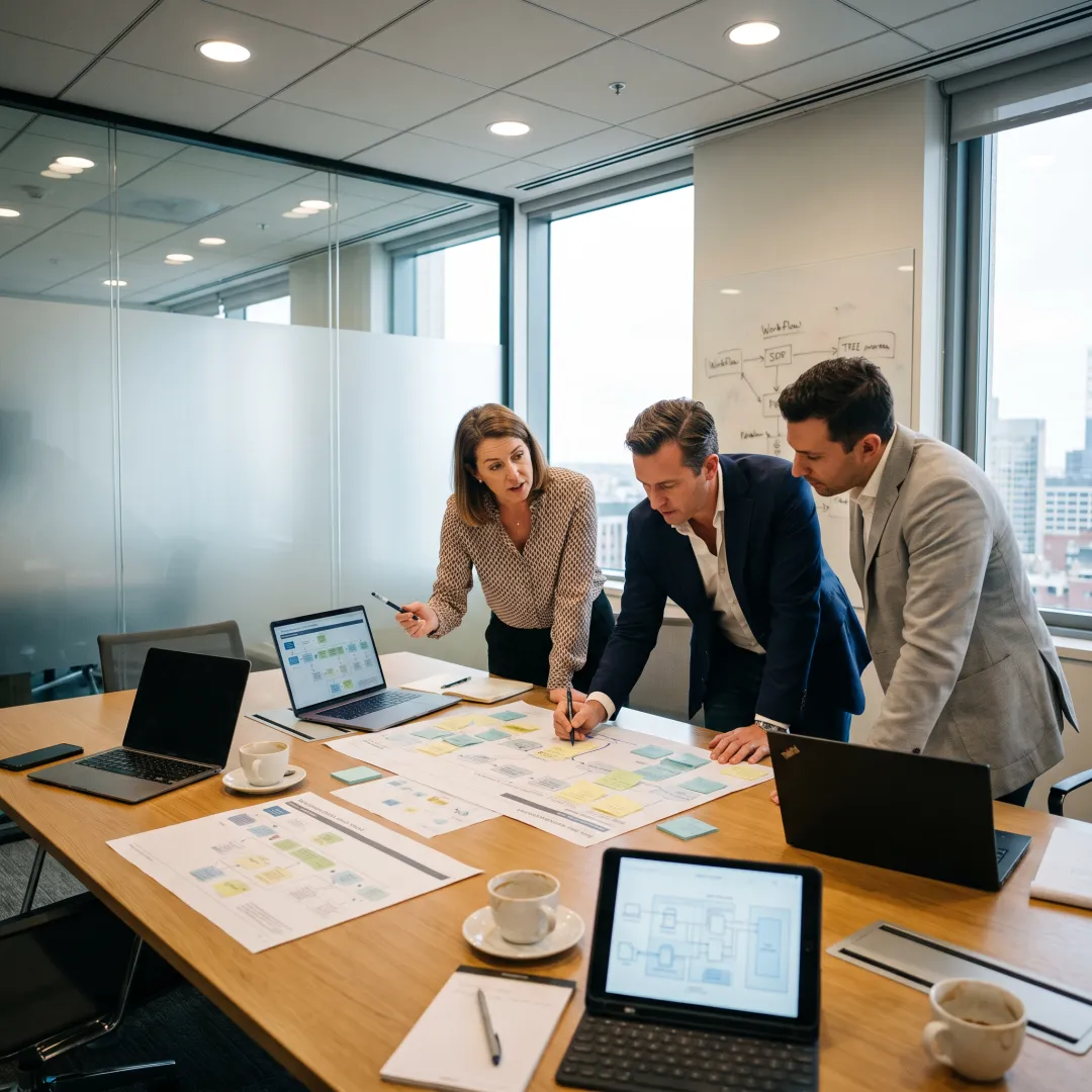 Consultants mapping a portfolio management workflow