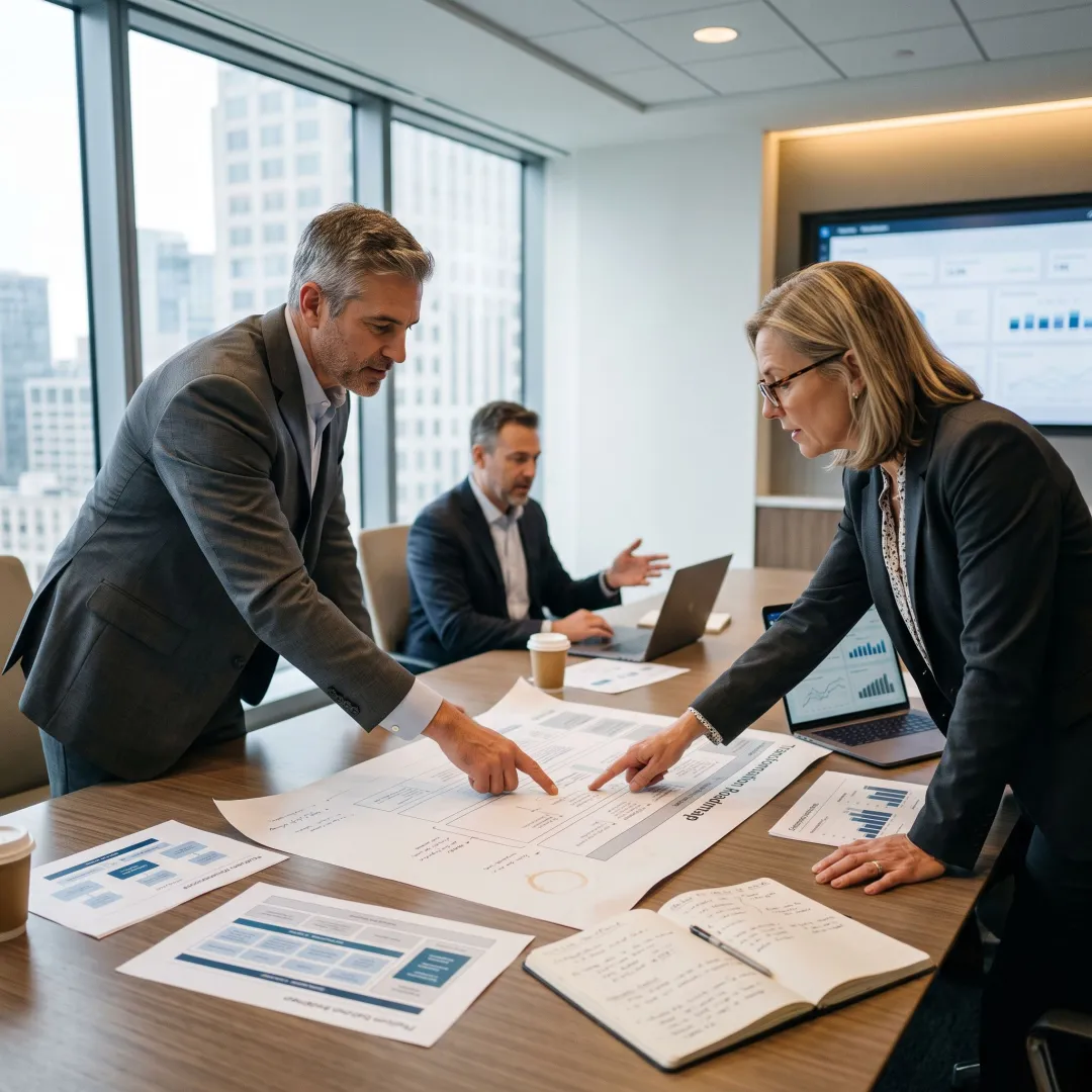 Consultants collaborating on a financial transformation plan