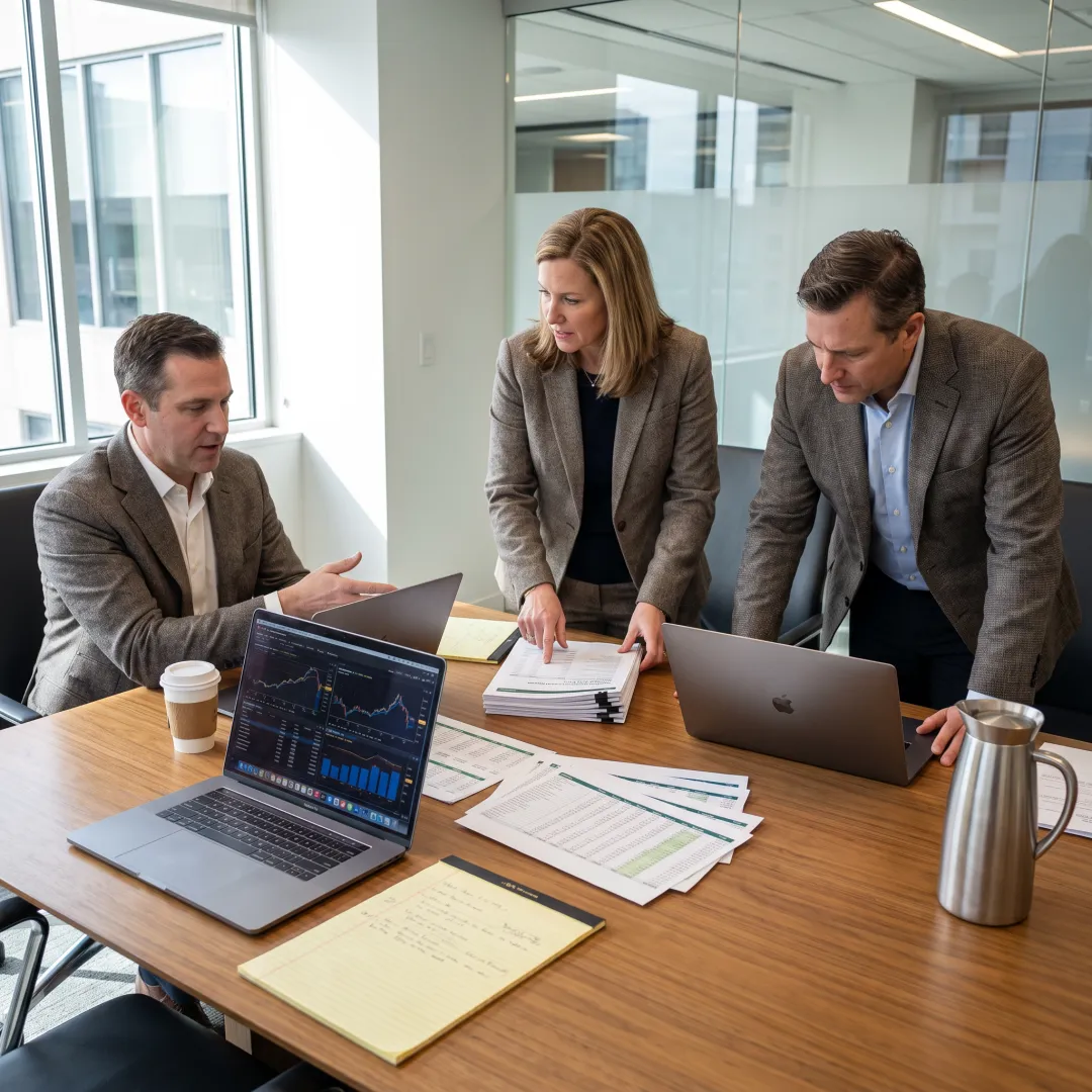Consultants discussing financial model assumptions