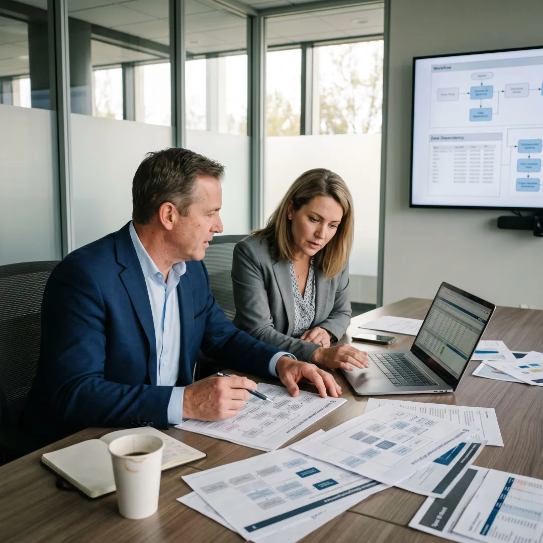 Consultants assessing a wealth management technology workflow
