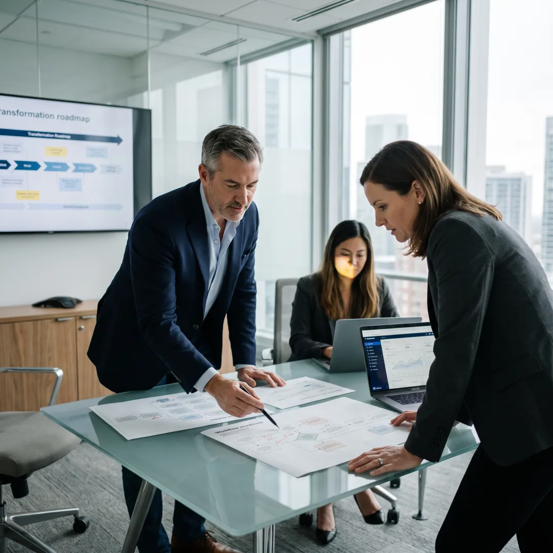 Consultants mapping a financial technology transformation roadmap