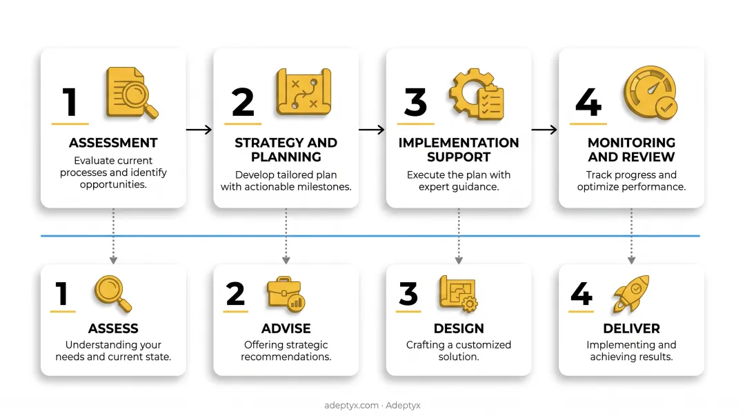 Assess Advise Design Deliver four-phase IT consulting methodology framework