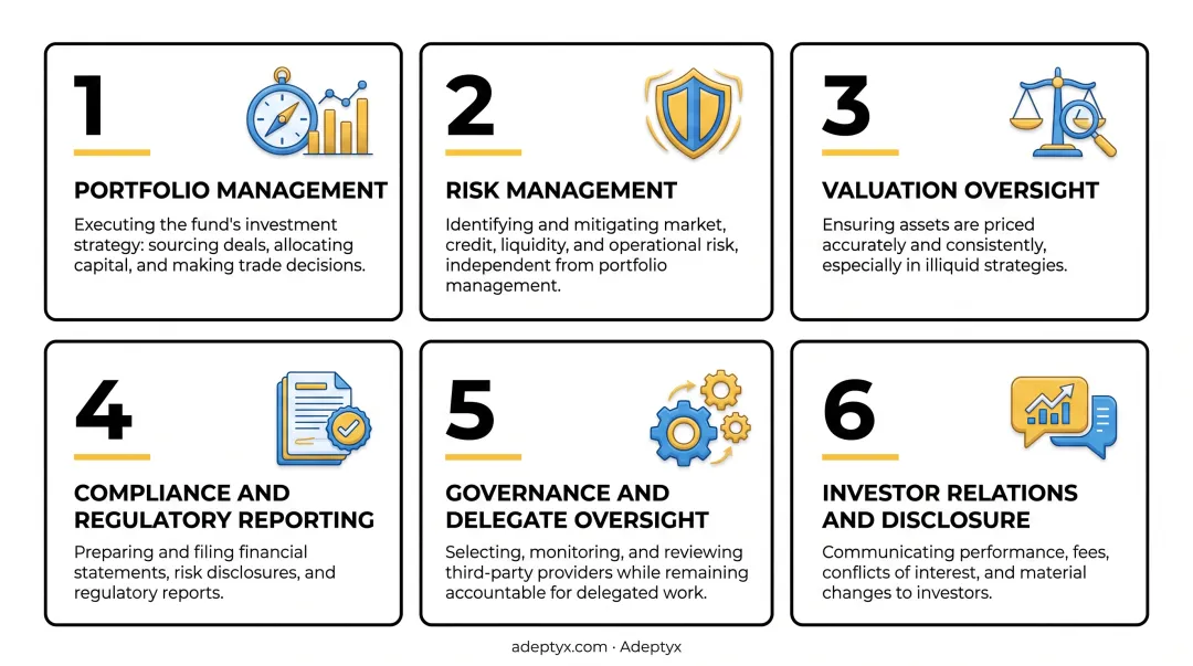 Six core AIFM functions from portfolio management to investor relations