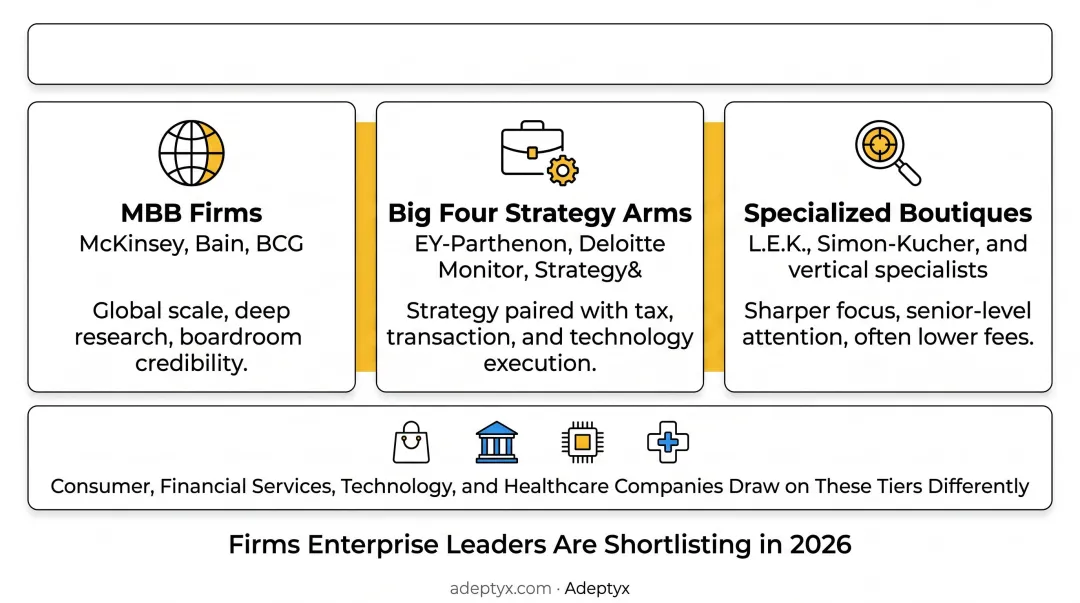 Three-tier growth strategy consulting market segmentation MBB Big Four boutique