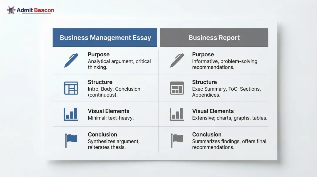 Business management essay versus business report side-by-side comparison infographic