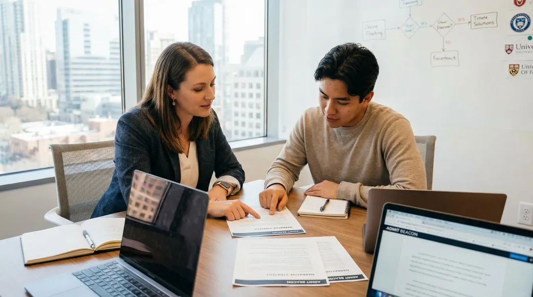 MBA admissions consultant reviewing personalized essay narrative with applicant