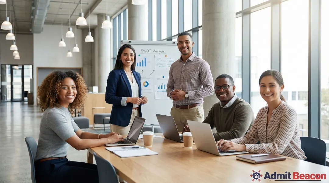 Full-time MBA students collaborating in cohort study group on university campus