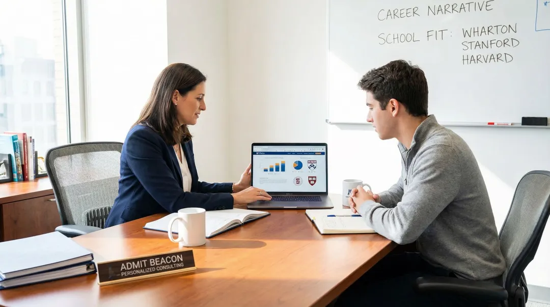 Admit Beacon MBA admissions consultant reviewing school selection strategy with client