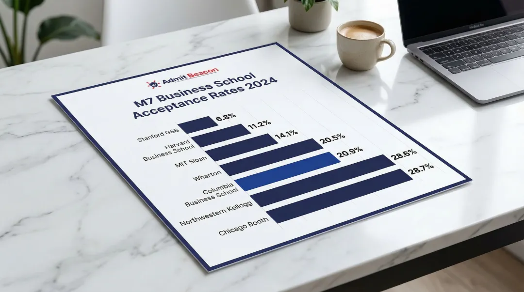 M7 business school acceptance rates comparison bar chart 2024 data