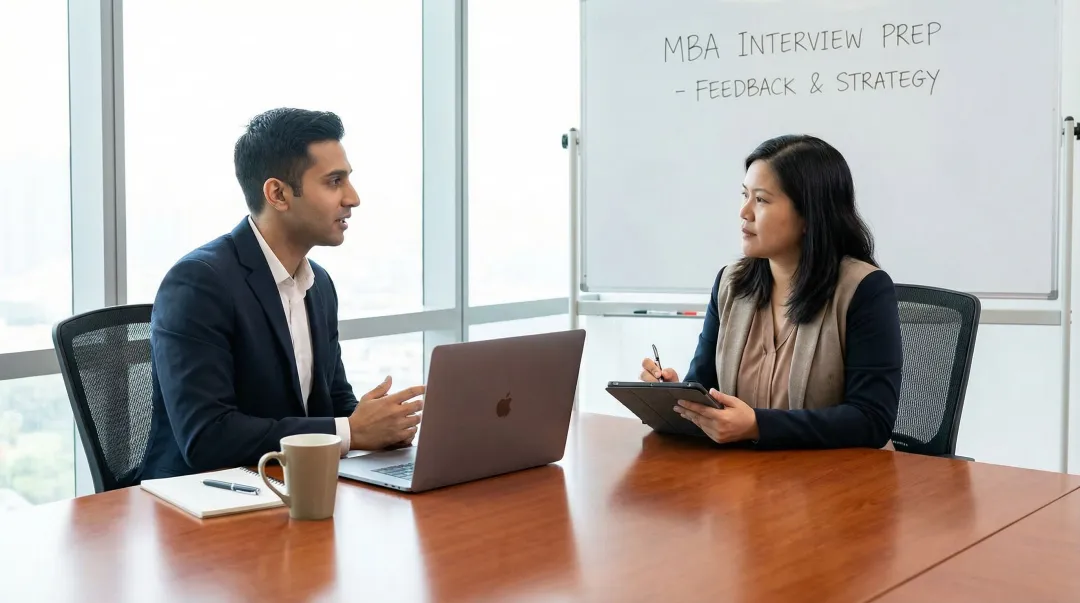 MBA mock interview coaching session with candidate receiving real-time feedback