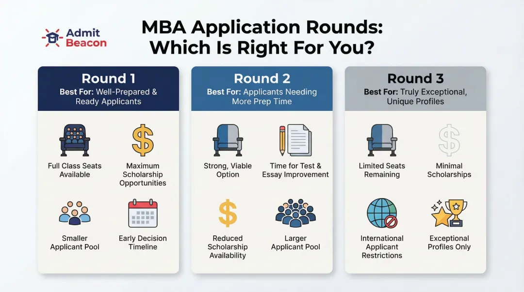 MBA application Round 1 versus Round 2 versus Round 3 strategic comparison infographic