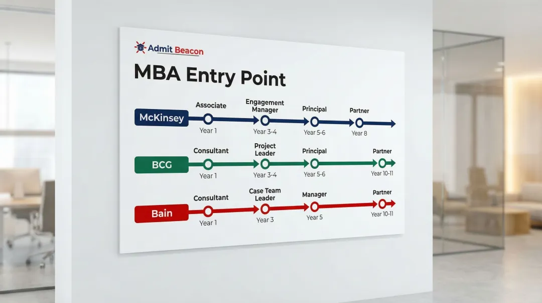 MBA consulting career timeline comparing McKinsey BCG and Bain partner tracks