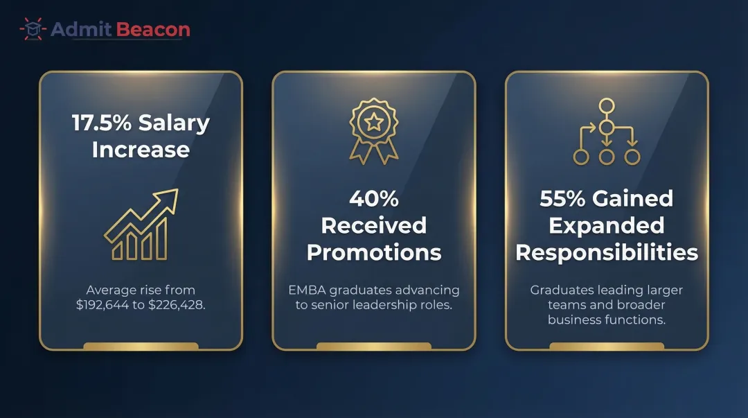 EMBA graduate outcomes showing salary increase promotion and responsibility growth statistics