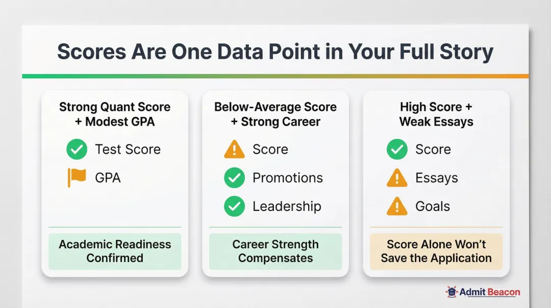 Three MBA applicant profile scenarios showing how GRE score interacts with overall application strength