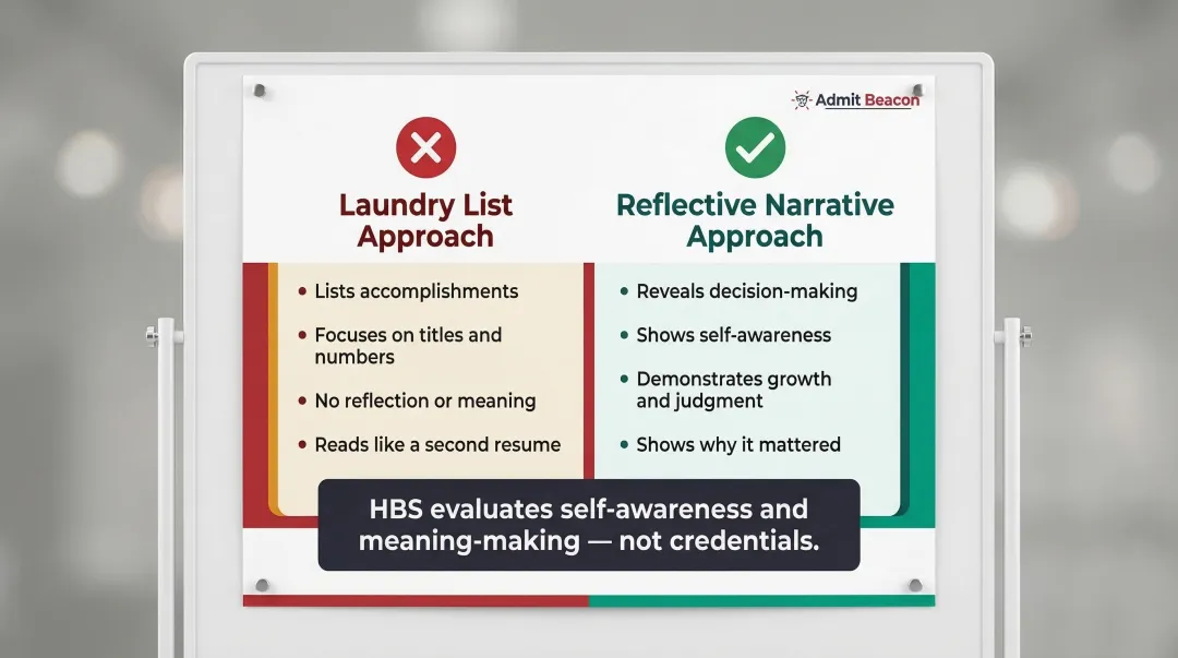 HBS essay achievement laundry list versus reflective narrative side-by-side contrast comparison