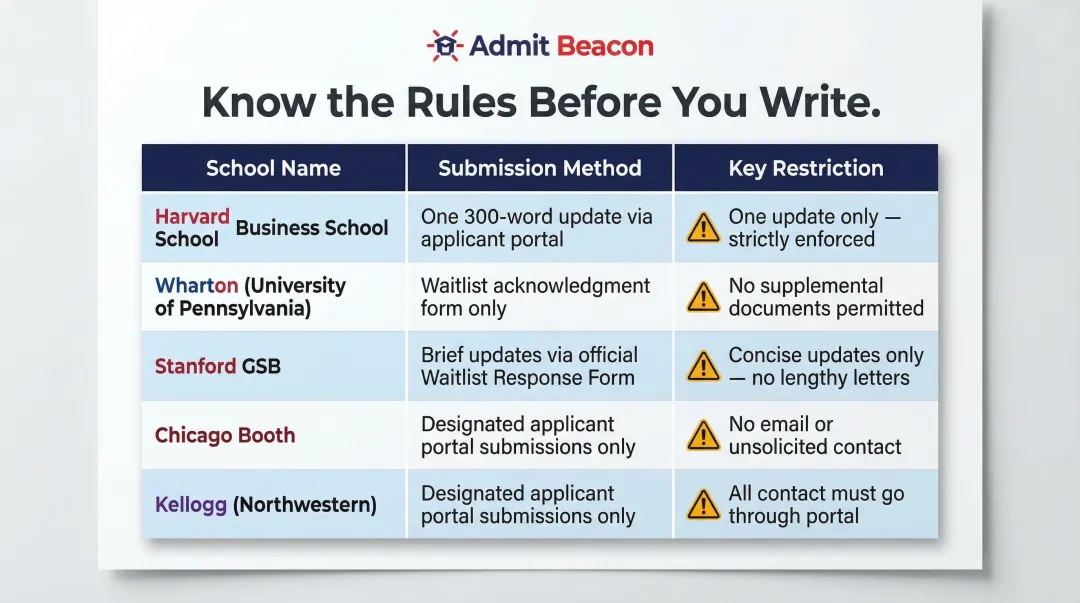 MBA school waitlist communication policies comparison chart for top programs
