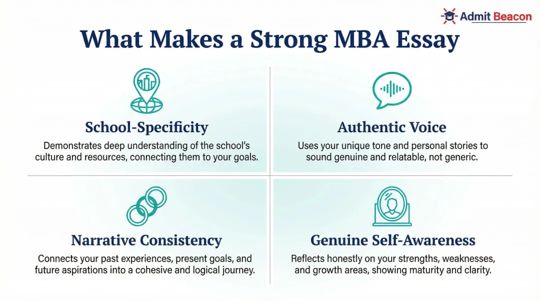 Four qualities of strong MBA essays comparison breakdown infographic