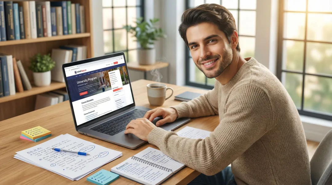 MBA applicant researching school-specific program details on laptop with notes