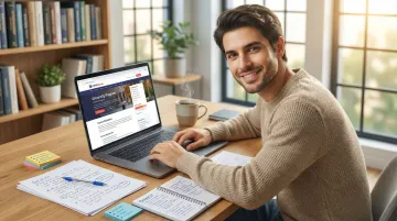 MBA applicant researching school-specific program details on laptop with notes