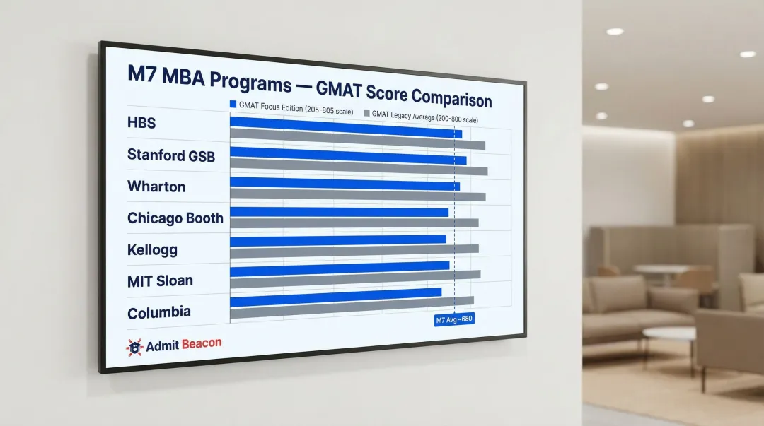 M7 MBA programs GMAT Focus and Legacy score averages comparison chart