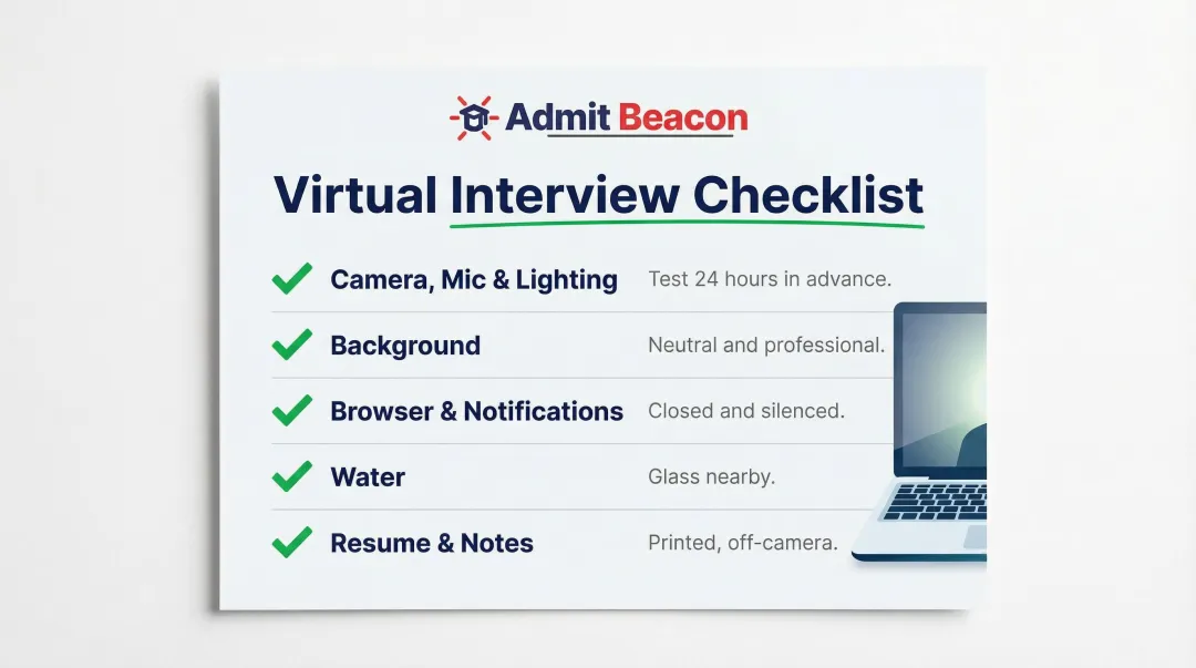 Virtual MBA interview preparation checklist with five essential technical requirements