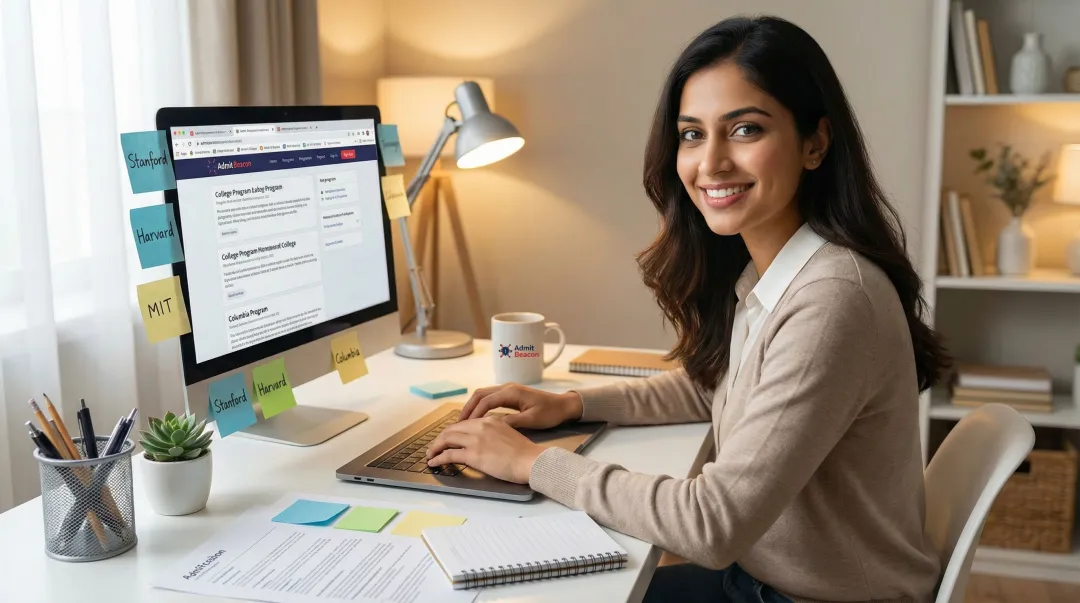 MBA applicant writing personalized school-specific essays at organized desk workspace