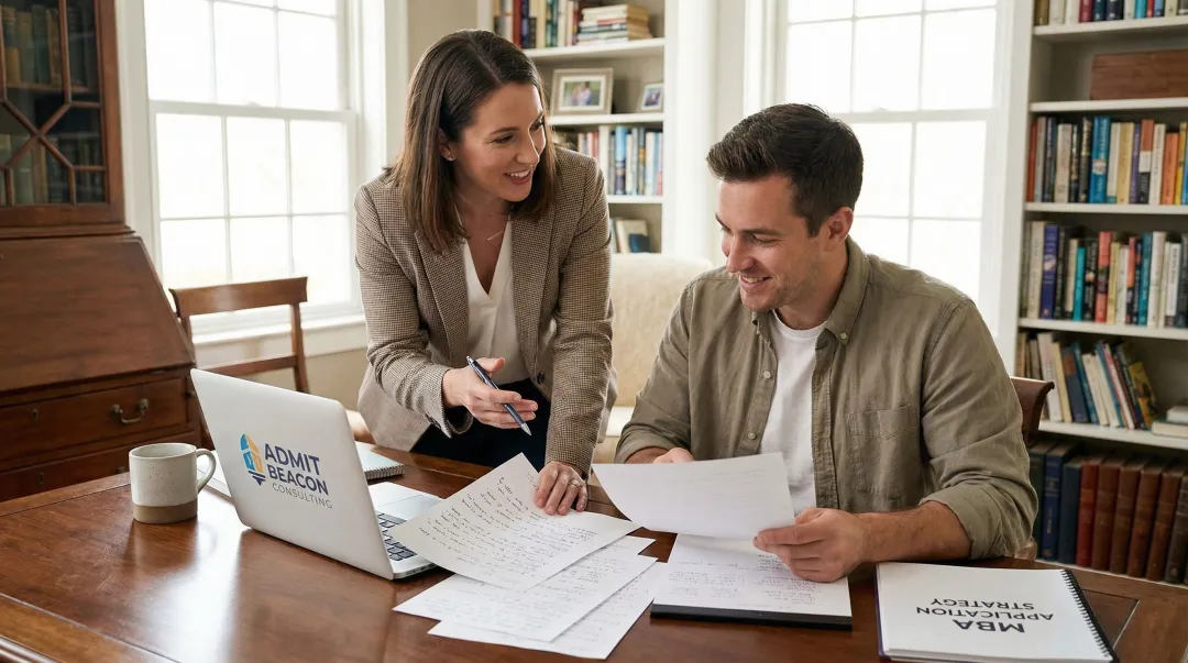 MBA admissions consultant reviewing candidate application narrative with detailed essay feedback