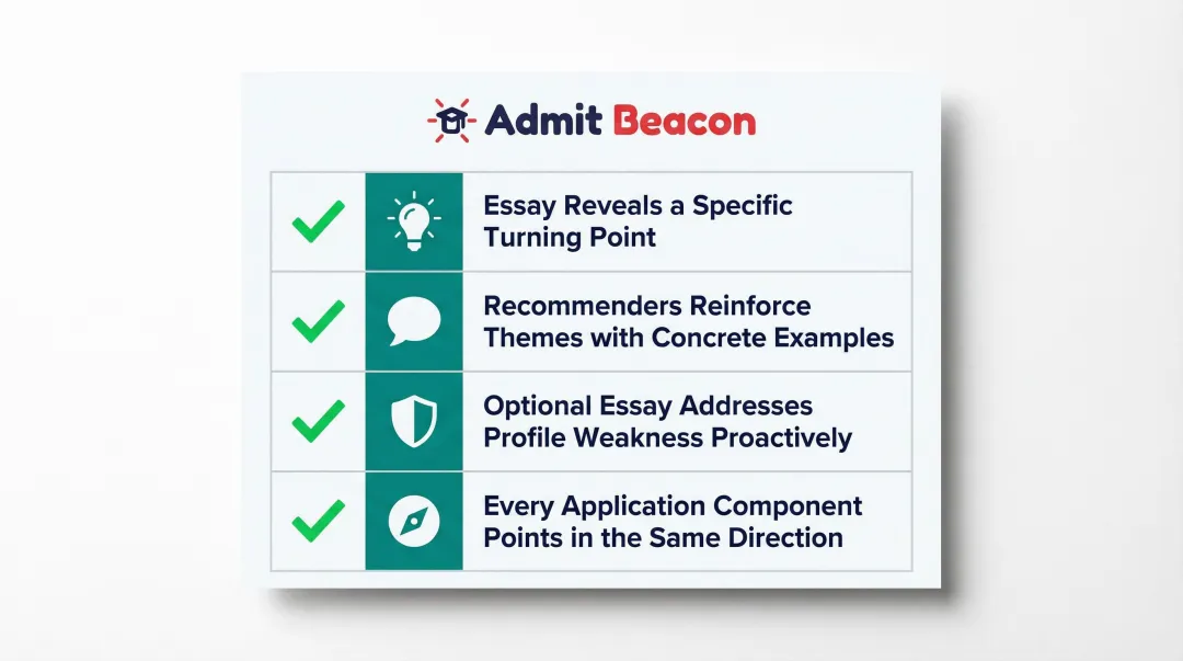 Four key elements of a strong MBA application narrative review checklist infographic