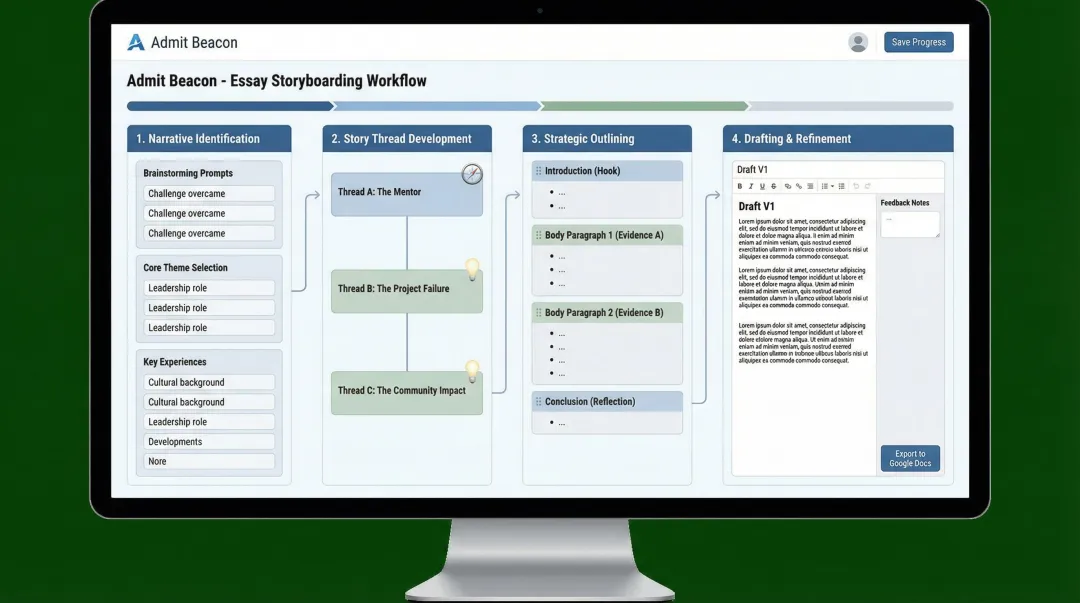 MBA essay storyboarding process showing narrative architecture and draft development