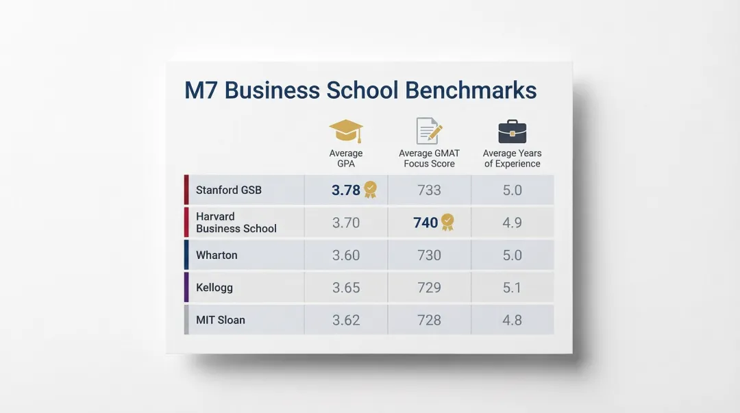M7 MBA class of 2027 benchmark comparison GPA GMAT and experience
