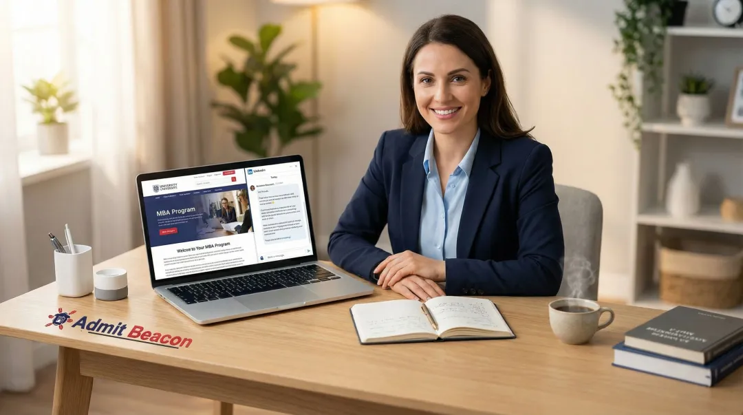 MBA applicant conducting school research on laptop connecting with alumni online