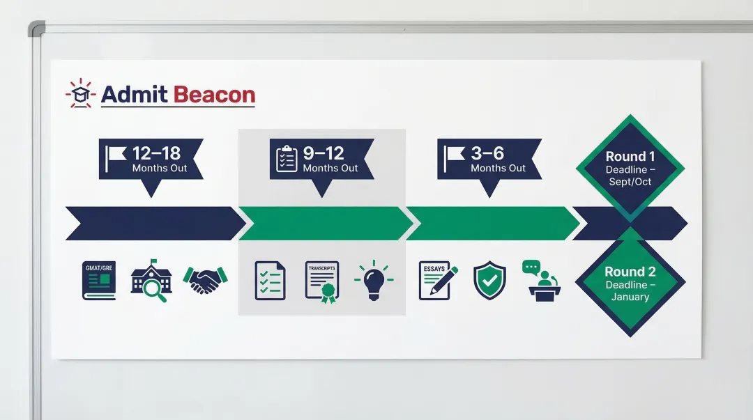 MBA application 12-month timeline from test prep to round one and round two deadlines