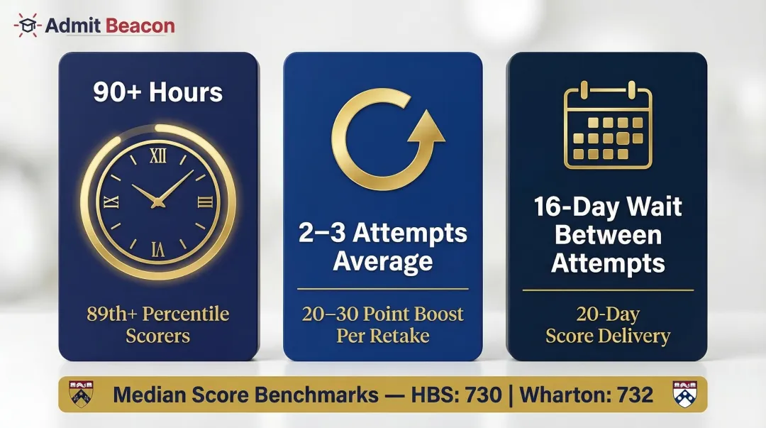 GMAT preparation timeline showing study hours retakes and score improvement data