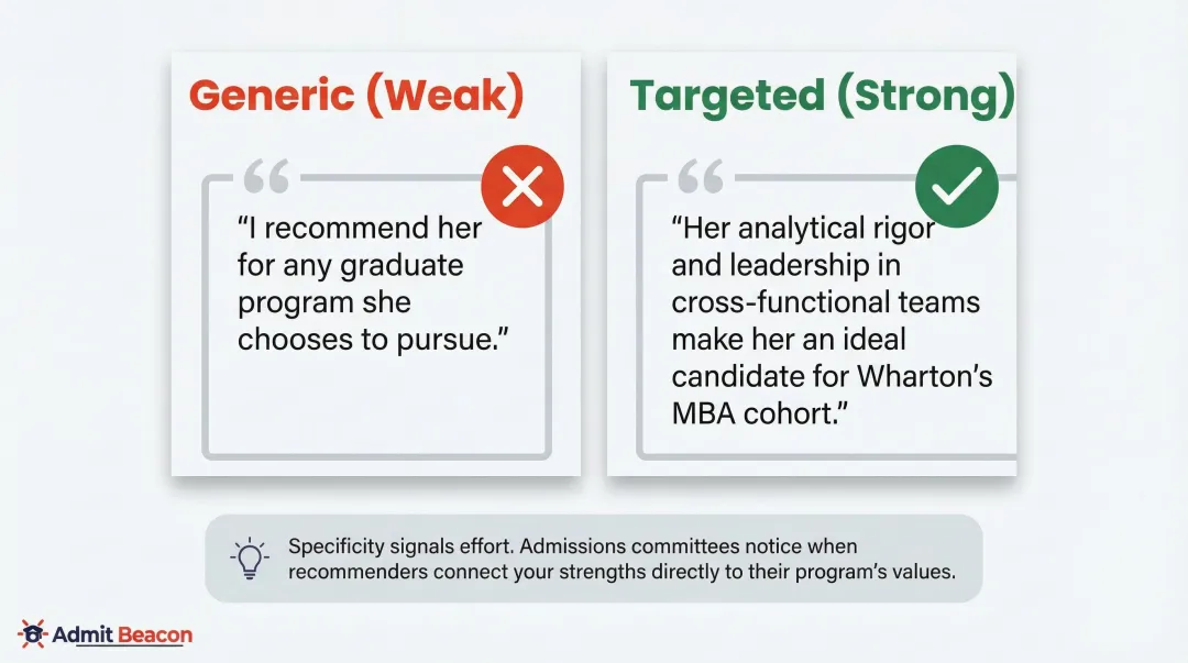 Generic versus targeted MBA recommendation letter closing side-by-side comparison infographic