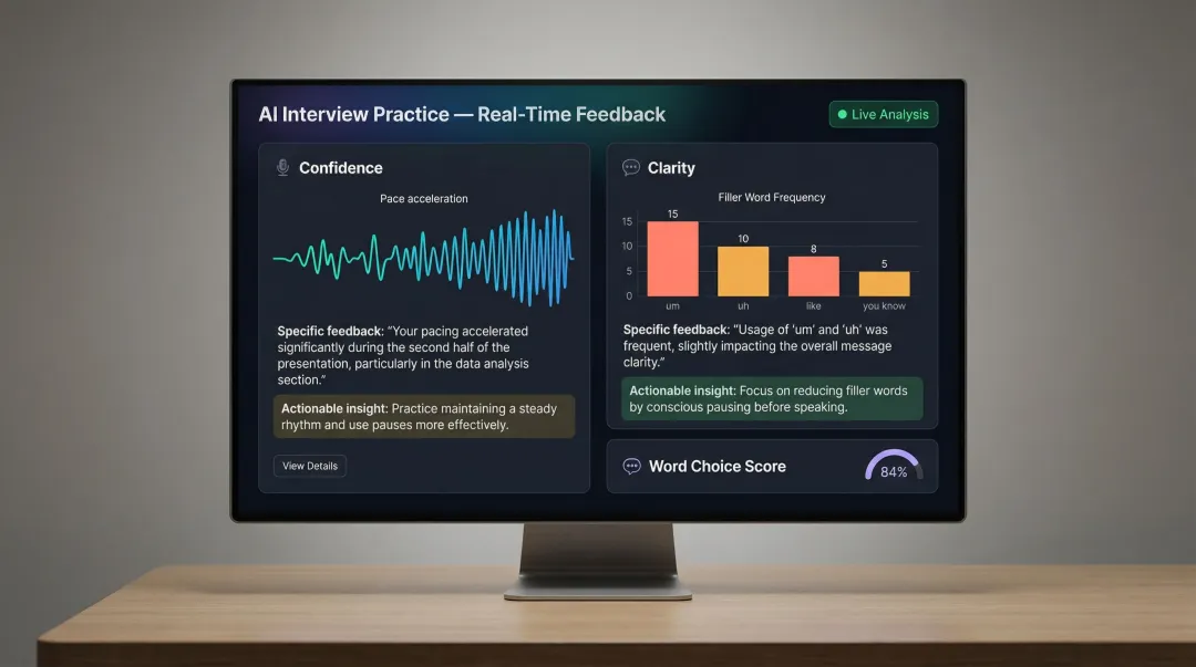AI-powered interview practice tool interface showing real-time speech feedback dashboard