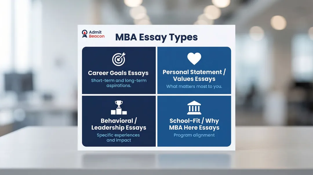 Four MBA essay types overview with goals leadership values and fit categories