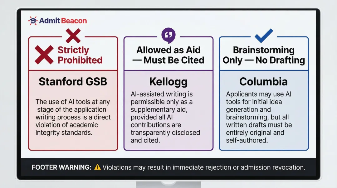 MBA school AI essay policy comparison Stanford Kellogg Columbia side by side