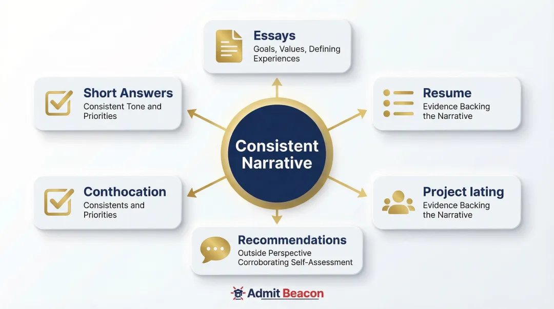MBA application narrative alignment showing essays resume recommendations and short answers