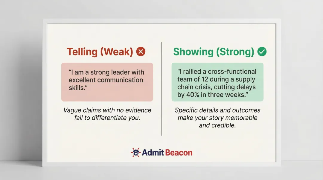 Show don't tell MBA essay writing before and after example side-by-side comparison
