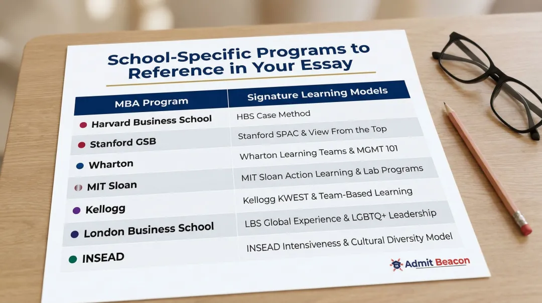 Top MBA programs signature learning models and resources comparison reference table infographic