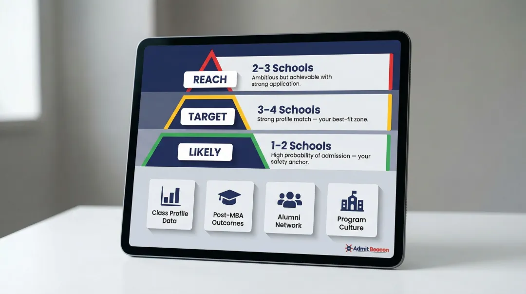 MBA strategic school list reach target likely tier breakdown with fit evaluation criteria