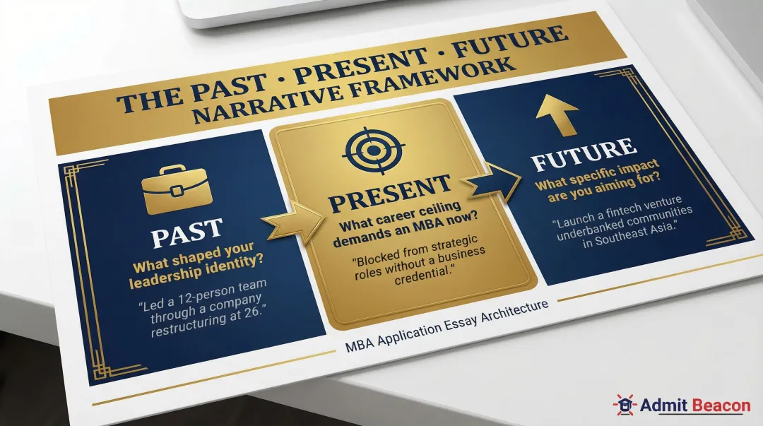 MBA career narrative past-present-future three-part framework infographic