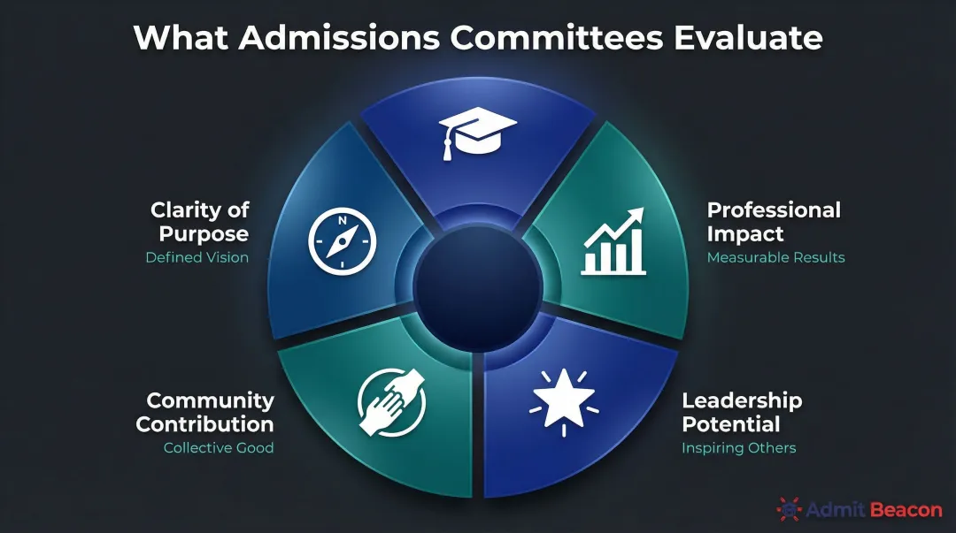 Five MBA admissions evaluation dimensions wheel diagram with core criteria breakdown
