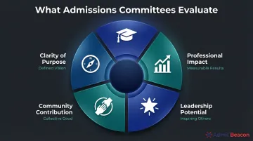 Five MBA admissions evaluation dimensions wheel diagram with core criteria breakdown
