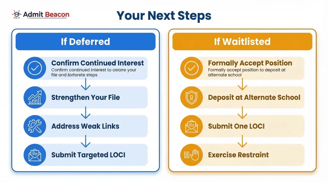 Deferred and waitlisted MBA applicant action steps side-by-side process infographic