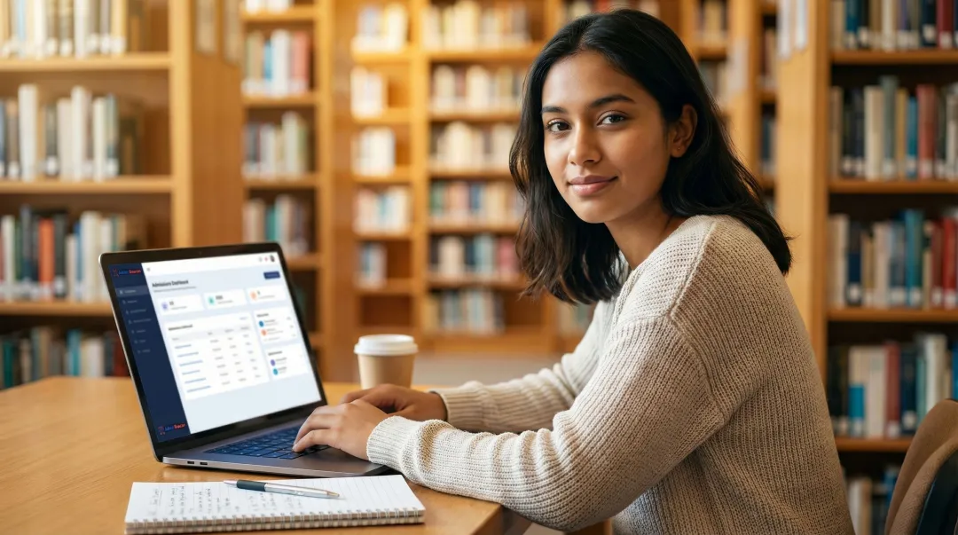 College student reviewing waitlist decision letter on laptop in university library setting