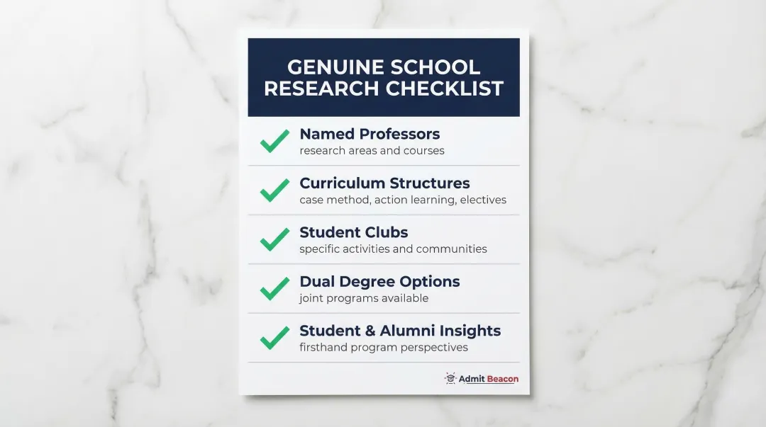 Why This School MBA essay research checklist five essential specificity elements