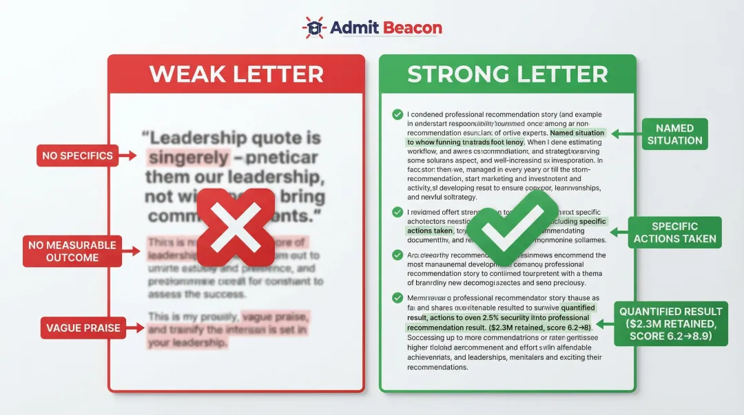 Weak versus strong MBA recommendation letter example side-by-side comparison